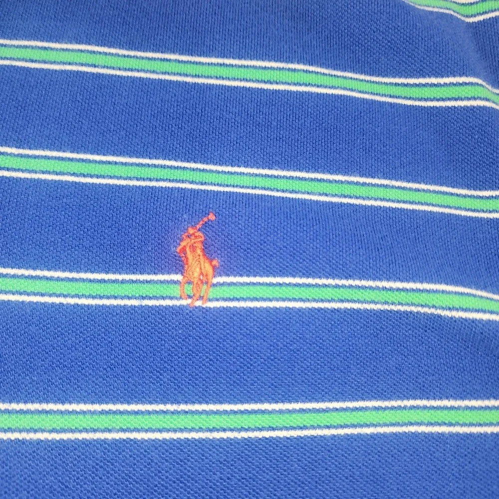 Polo Ralph Lauren Mens Large Blue Green Striped‎ Short Sleeve Cotton Polo Shirt